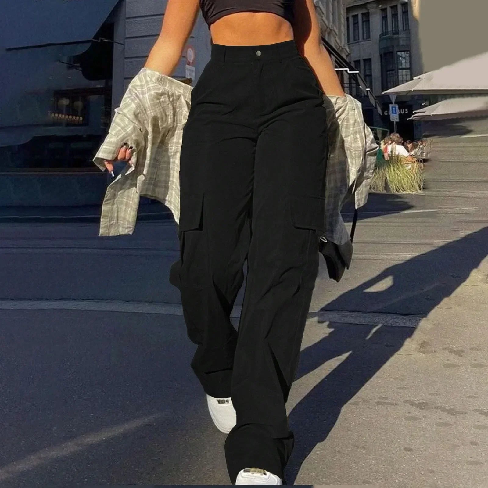 Women's high waist wide leg cargo trousers in neutral tone with functional side cargo pockets, city chic style