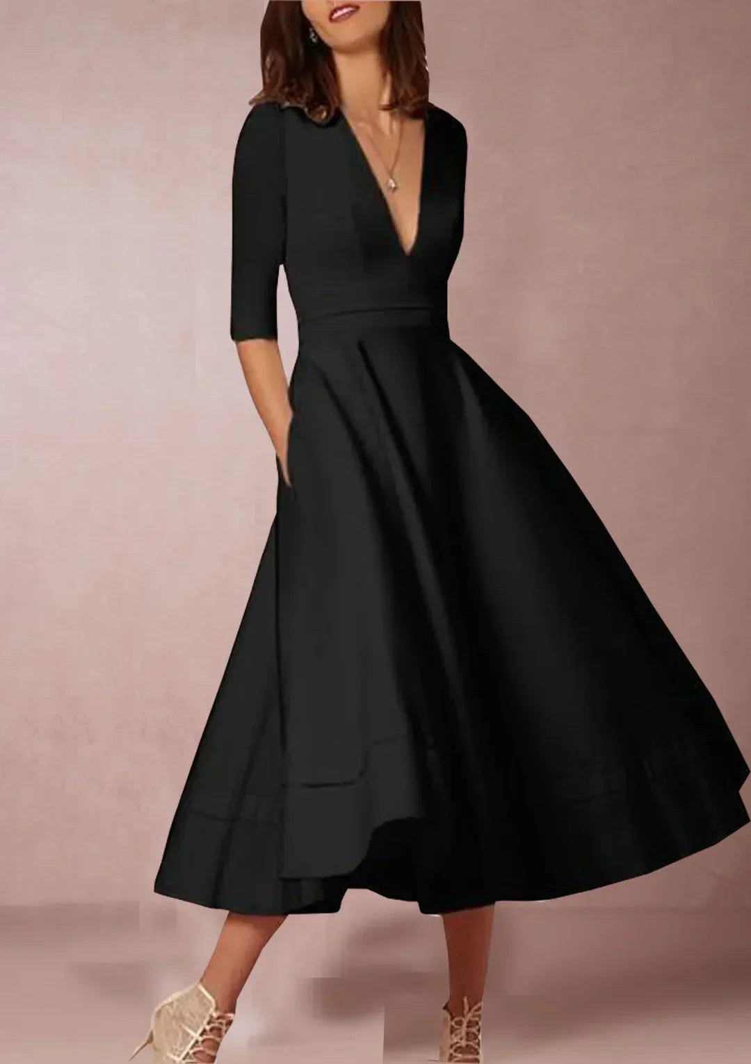 Carla Elegant A Line Midi Dress For Women With Deep V Neck And Texture