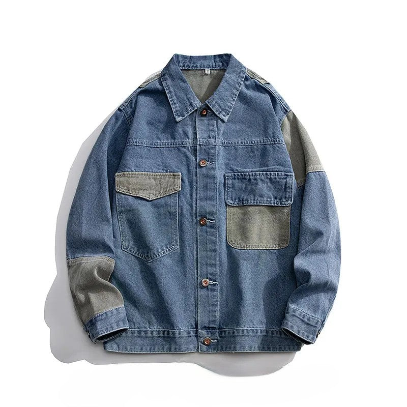 Unisex patchwork denim trucker jacket boxy fit geometric colorblock muted tones heavy-duty canvas
