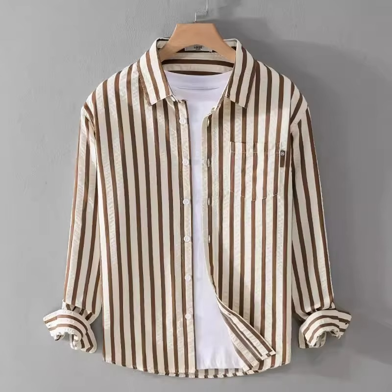 Men's loose fit striped salon coat long sleeve breathable polyester-cotton blend for hairstylists