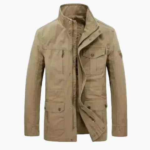 Men's olive green outdoor jacket stand-up collar mid-length versatile transitional layer multiple pockets