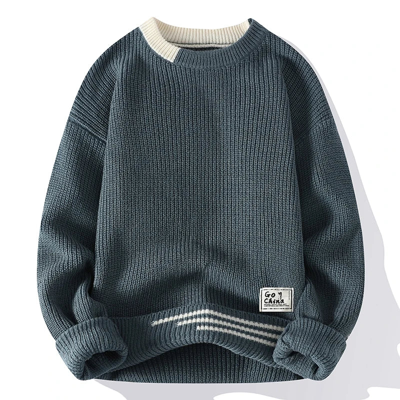 Men's color block crewneck knitted sweater smart casual stretch fit warm soft knit fall winter