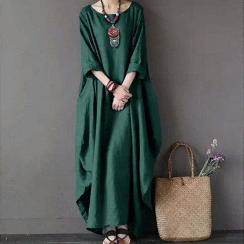 Women's maxi dress breezy relaxed fit long sleeve boat neck breathable cotton-linen blend spring autumn
