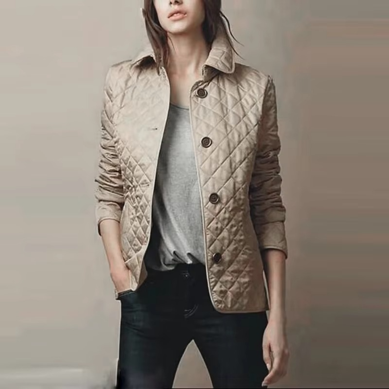 Women's slim tailored winter lapel coat with quilted cotton fill, structured silhouette and side pockets