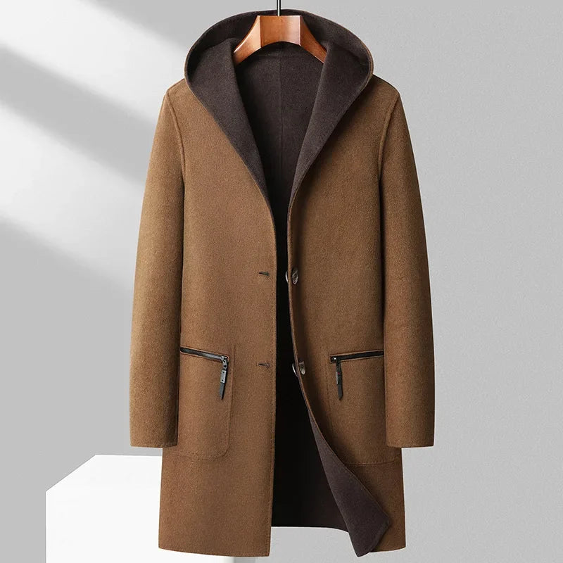 Reversible wool overcoat mid-length hooded silhouette dual-face professional casual outerwear
