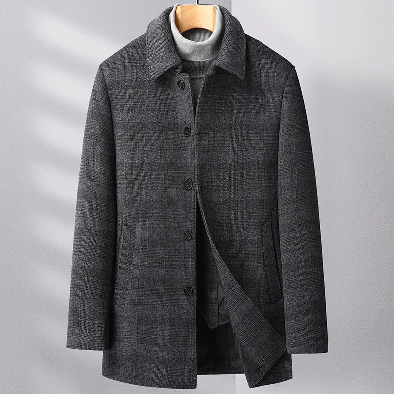 Men's wool plaid trench coat tailored mid-length with warm insulated down liner, classic style