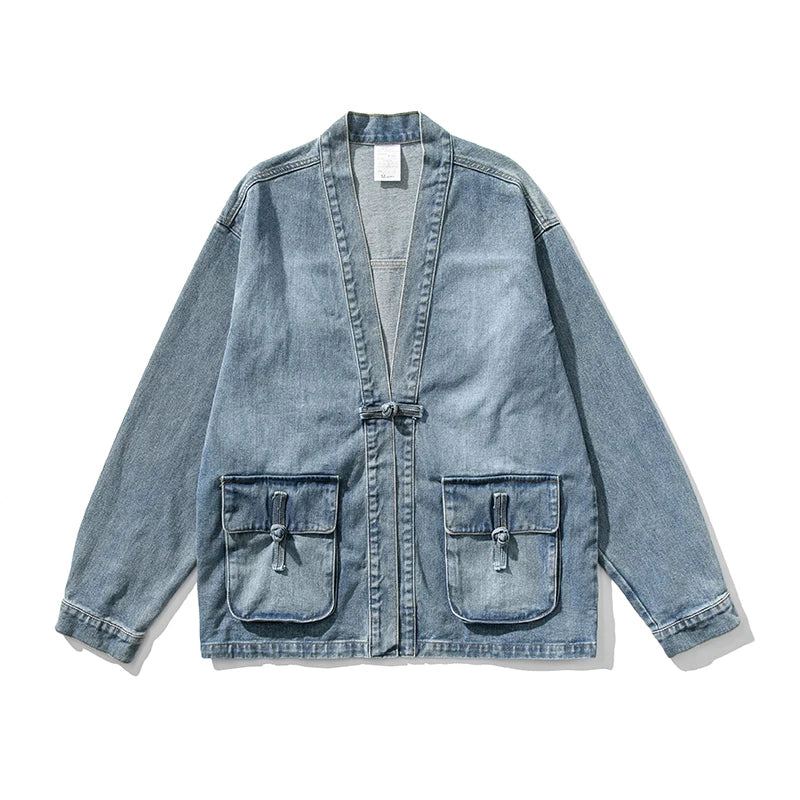 Men's soft-washed denim kimono jacket urban streetwear wide sleeves large front pockets