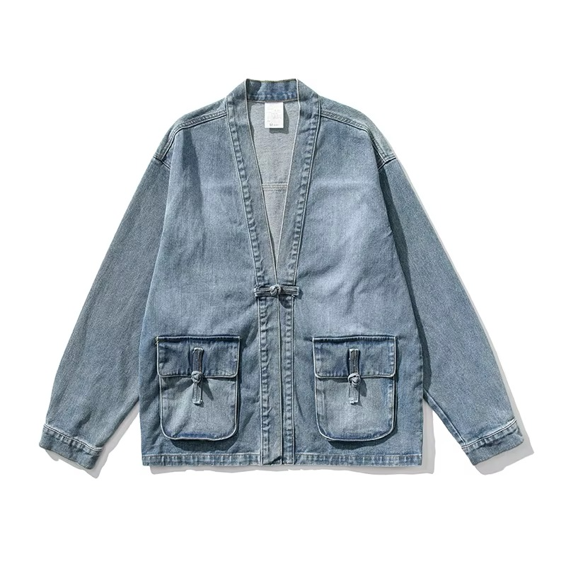 Men's vintage blue denim kimono jacket with front pockets, relaxed streetwear silhouette, Chinese-inspired style