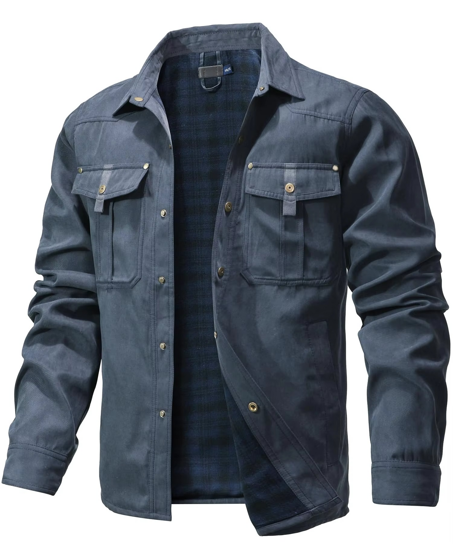 Men's flannel lined western shirt jacket with snap button closures in classic midweight overshirt style