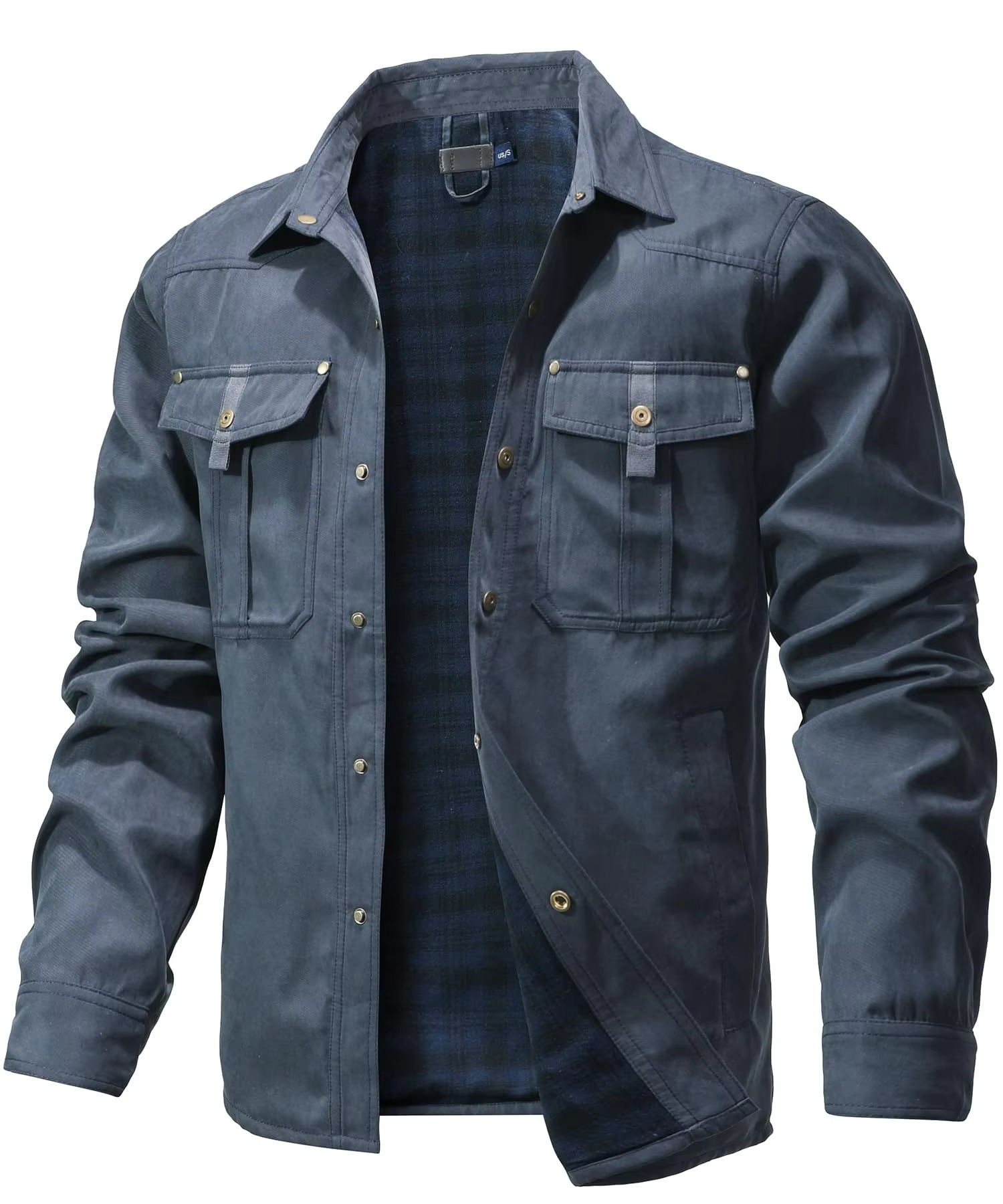 Men's flannel lined western shirt jacket with snap button closures in classic midweight overshirt style