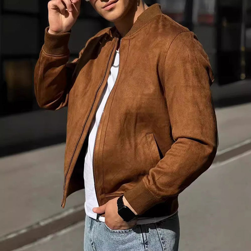Men's slim fit suede bomber jacket in rich brown tailored cut with luxurious tactile texture