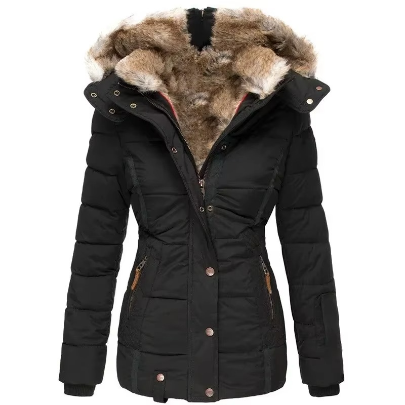 Women's slim fit hooded cotton coat with wool collar, chic everyday style in neutral tones