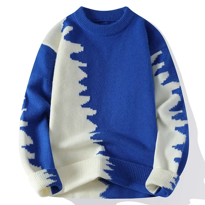 Men's two-tone knit sweater with jagged color-block pattern and cozy relaxed fit for winter