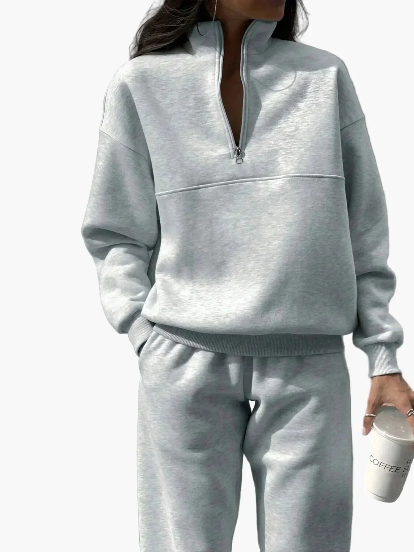Women's two-piece tracksuit stand-up collar zip-up jacket elastic waistband casual sporty set