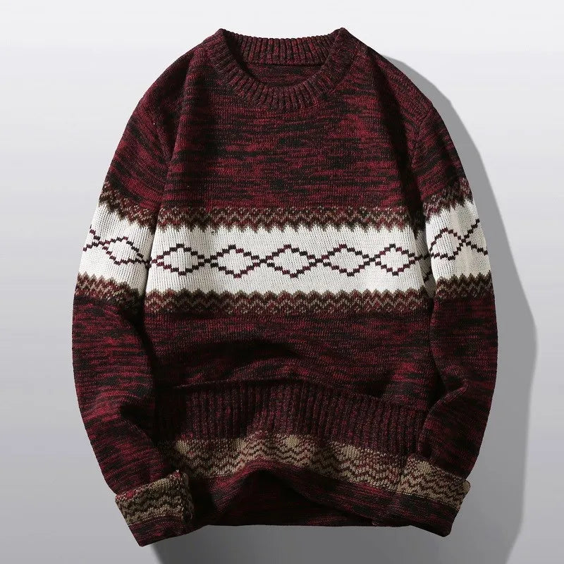 Nordic knit sweater with bold chest stripe, classic winter layering piece in timeless heritage style