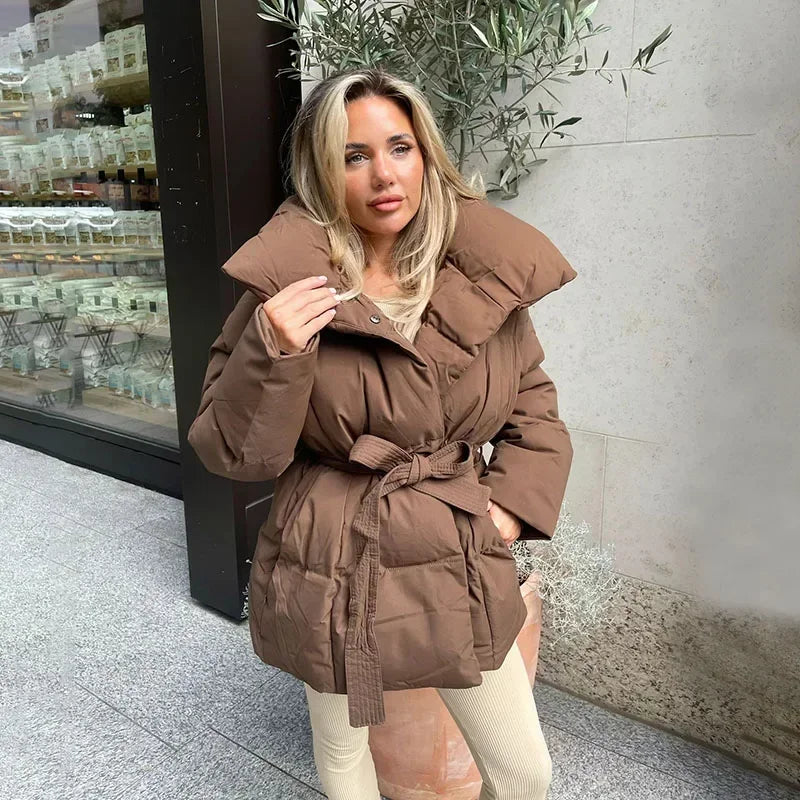 Women's short fitted jacket stand collar belted waist lightweight chic winter coat