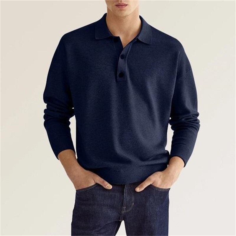 Men's long sleeve polo relaxed fit classic button placket elegant casual style