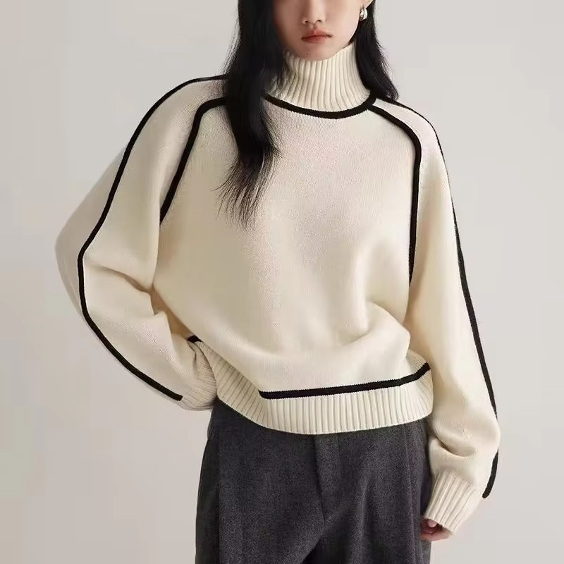 Women's striped knit turtleneck sweater loose fit long sleeve pullover in cozy warm style