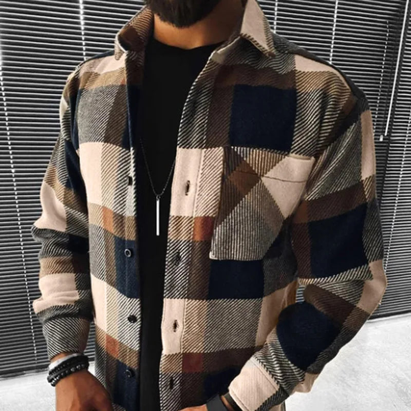 Men's blue and white check long sleeve shirt relaxed fit winter wardrobe essential