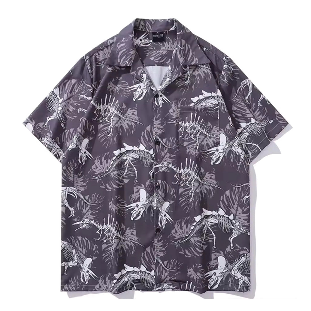 Vibrant red cotton resort shirt with bold prehistoric dinosaur skeleton all-over print