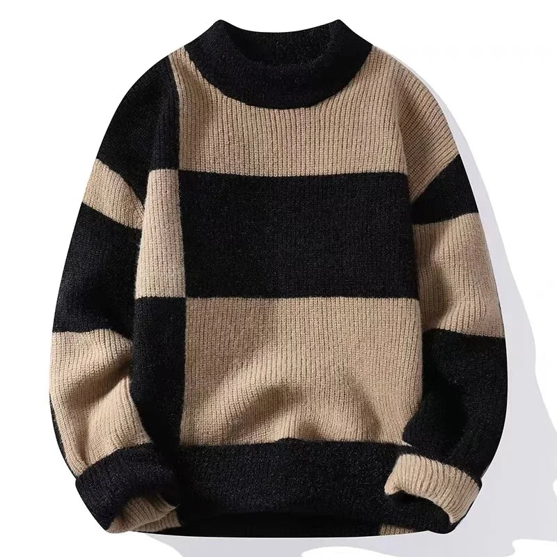 Colorblock knit crewneck sweater bold check pattern relaxed fit everyday versatile layer