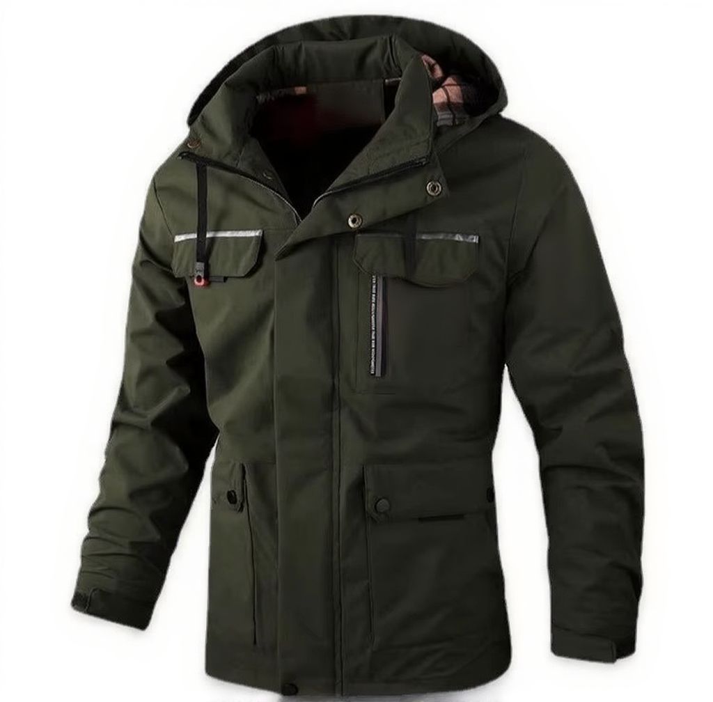 Men's waterproof hooded windbreaker jacket with warm fleece lining, slim fit, lightweight soft shell