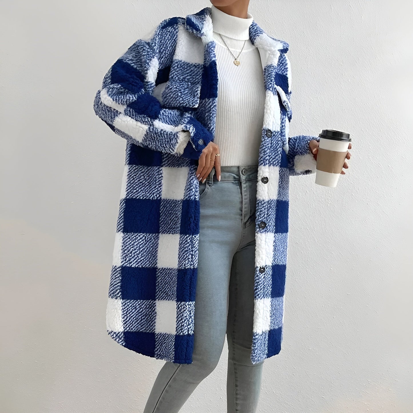 Women's plaid fleece coat cozy fall layering outerwear with chic checkered pattern