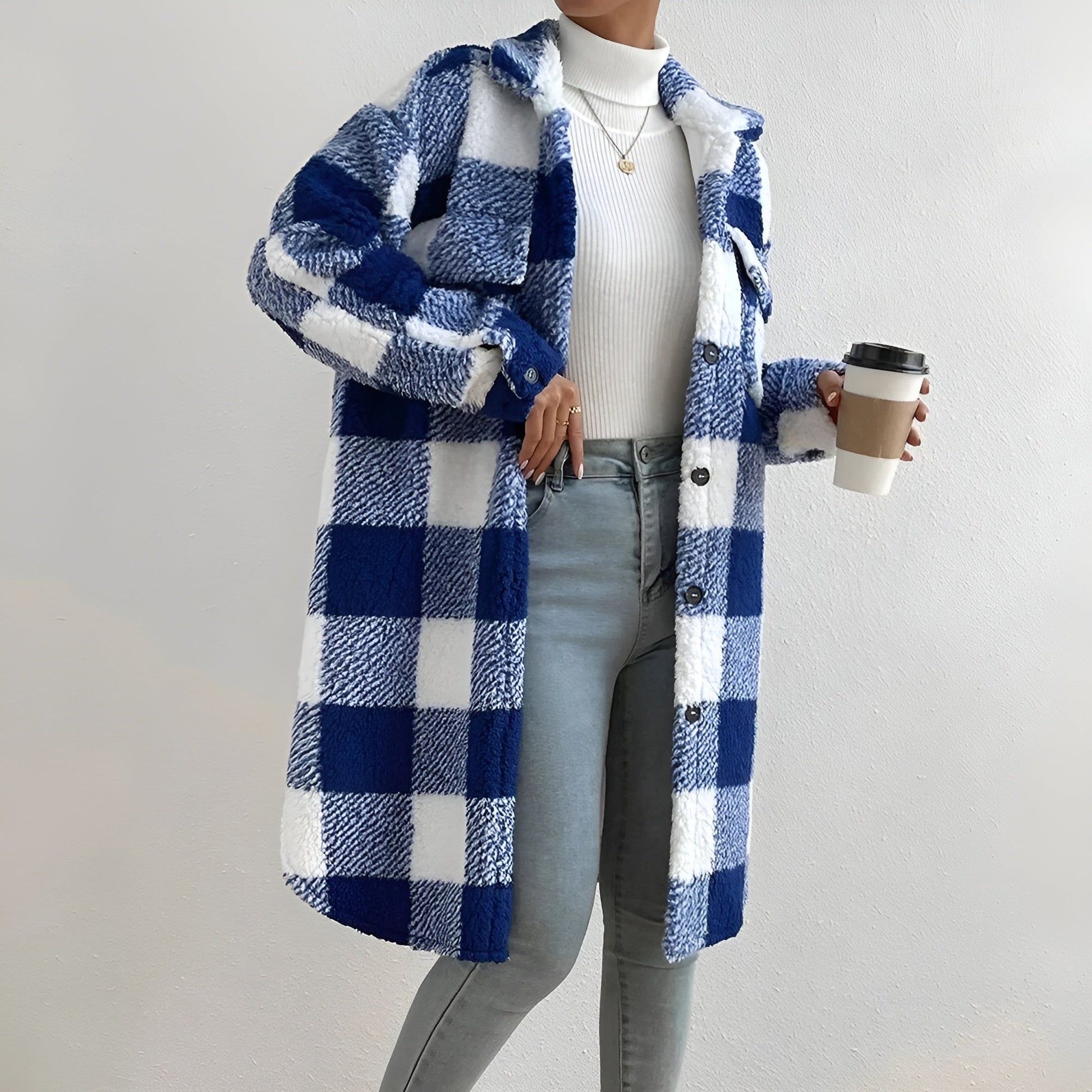 Women's plaid fleece coat cozy fall layering outerwear with chic checkered pattern