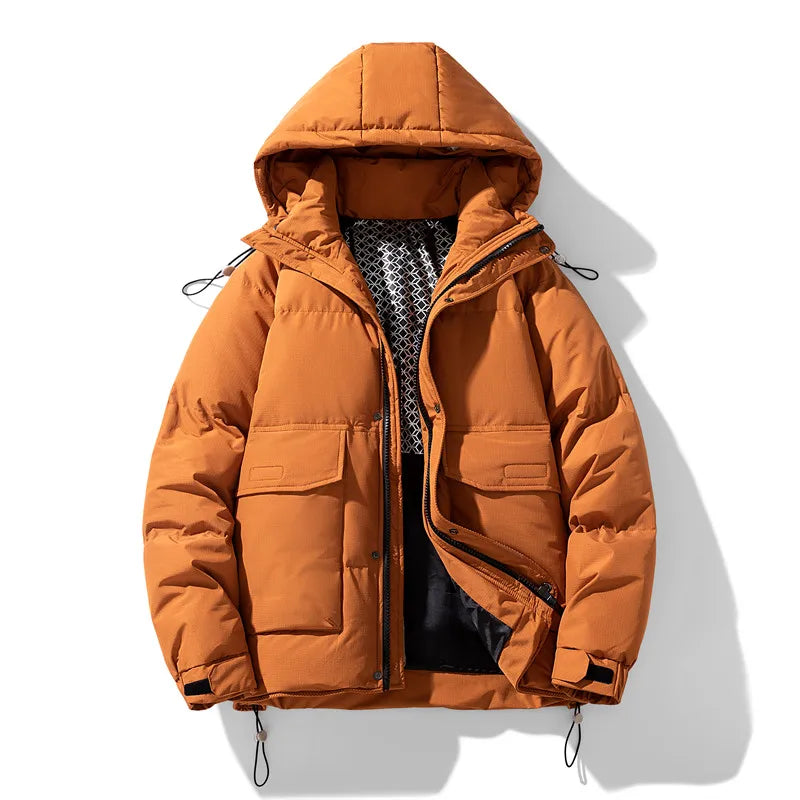 Men's black waterproof hooded winter jacket windproof insulated slim-fit outerwear for cold weather