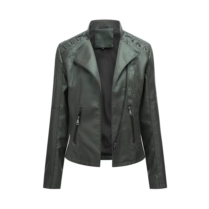 Women's black PU leather motorcycle jacket slim fit short cut with bold front zipper closure