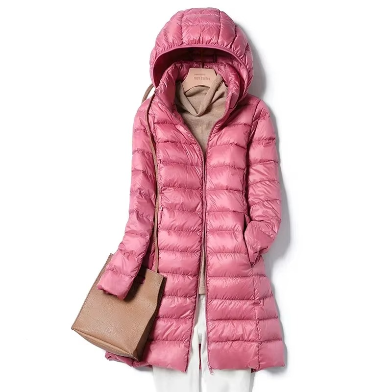 Women's slim-fit long hooded down parka, lightweight cold-weather coat with full-length coverage