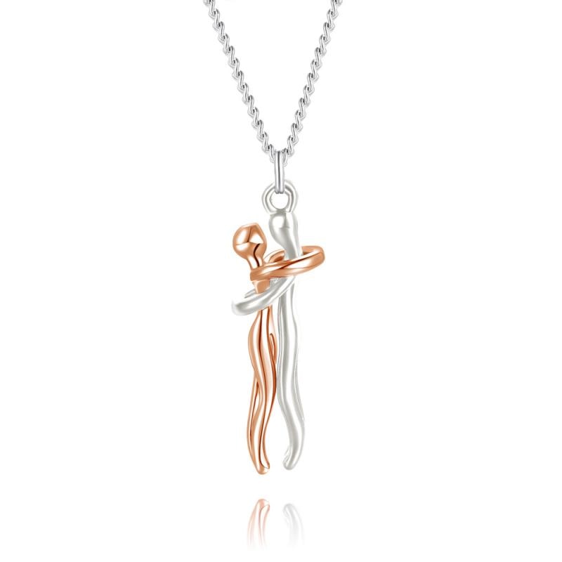Stainless steel love hug necklace with two embracing figures, high-polish finish, romantic pendant