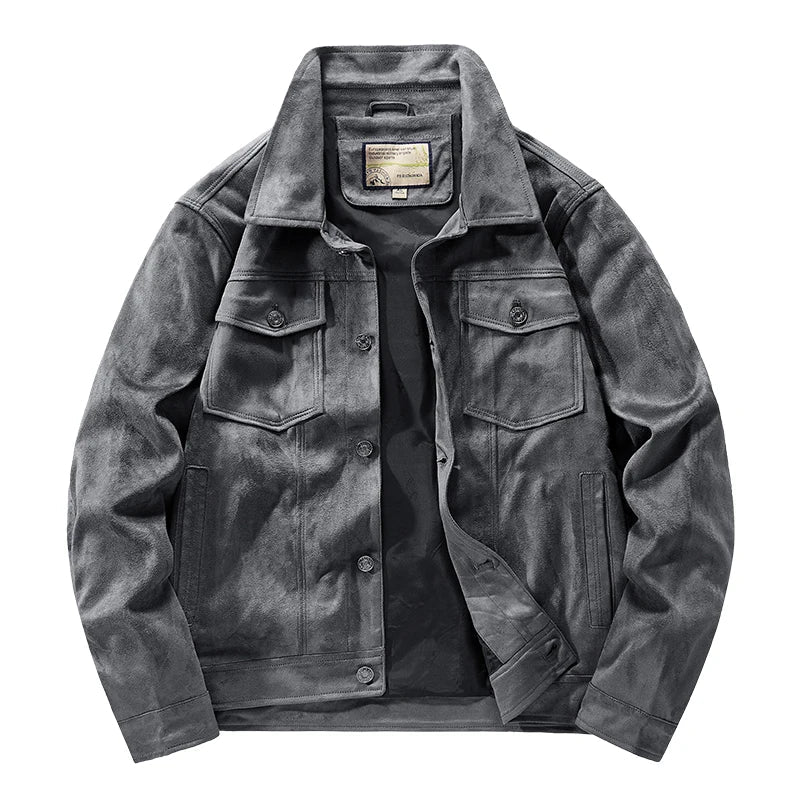 Men's brown premium suede jacket rugged style with turn-down collar and chest pockets