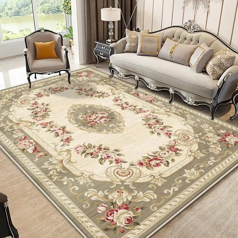European luxury floral area rug in soft flannel, non-slip large floor mat for living room bedroom