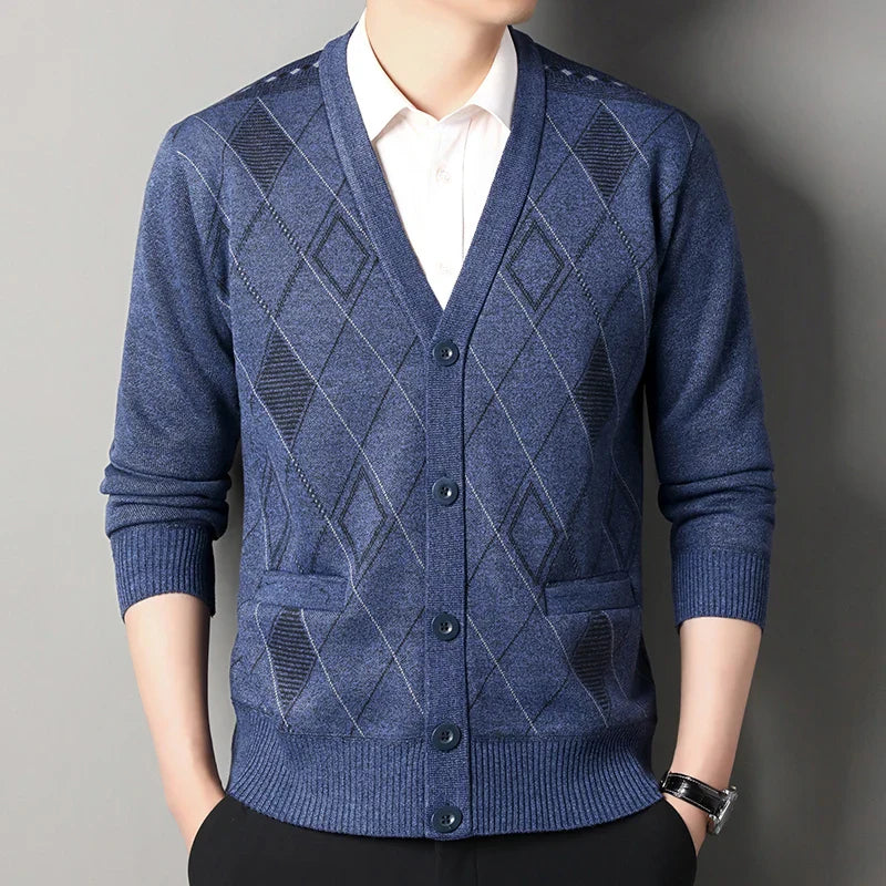 Men's classic check knit cardigan tailored fit soft texture refined office layering essential
