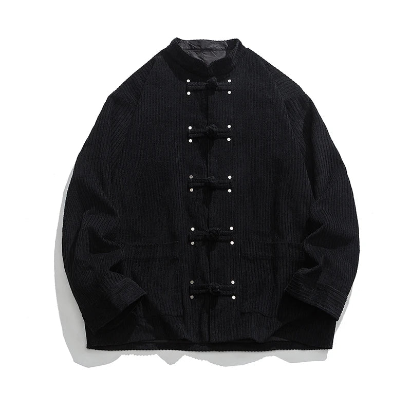 Oversized corduroy jacket with embroidered frog closure in solid color Eastern-inspired silhouette