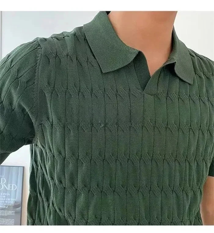 Men's slim fit polo shirt breathable stretch knit lightweight V-neck collar modern tailored comfort