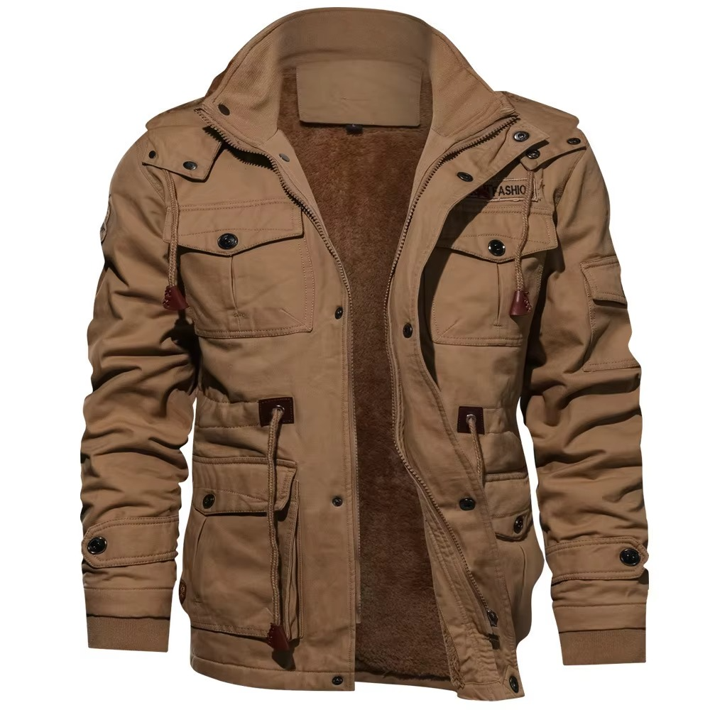 Men's black fleece lined hooded cargo jacket with water-resistant shell and multiple utility pockets