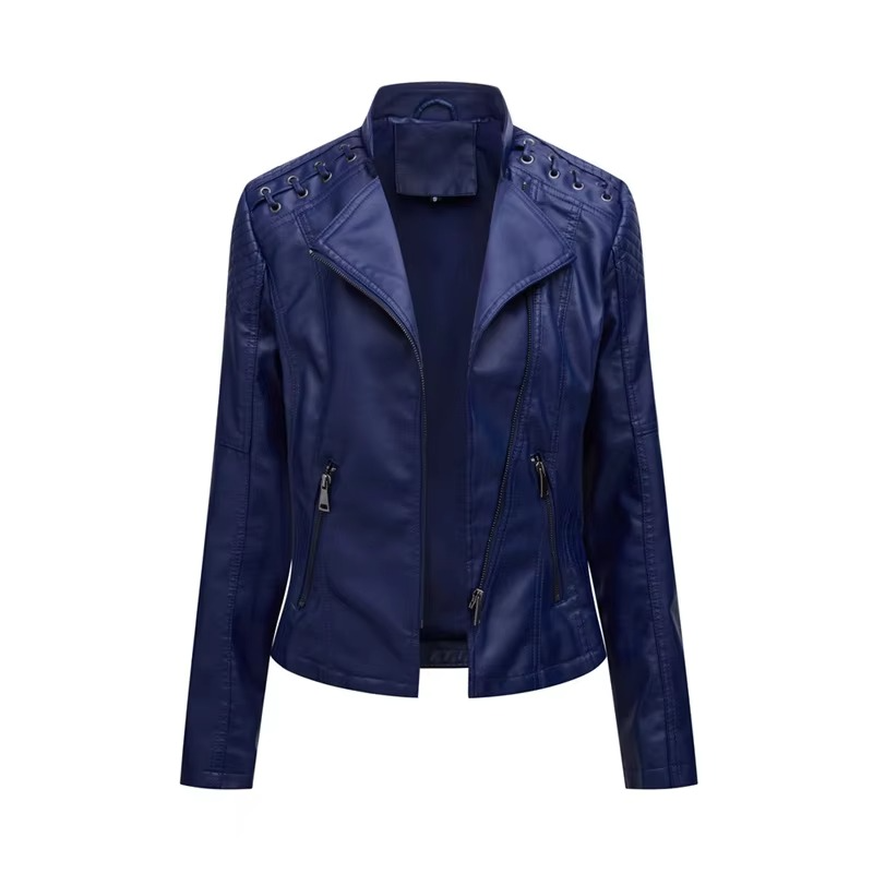 Women's black PU leather motorcycle jacket slim fit short silhouette with bold front zipper