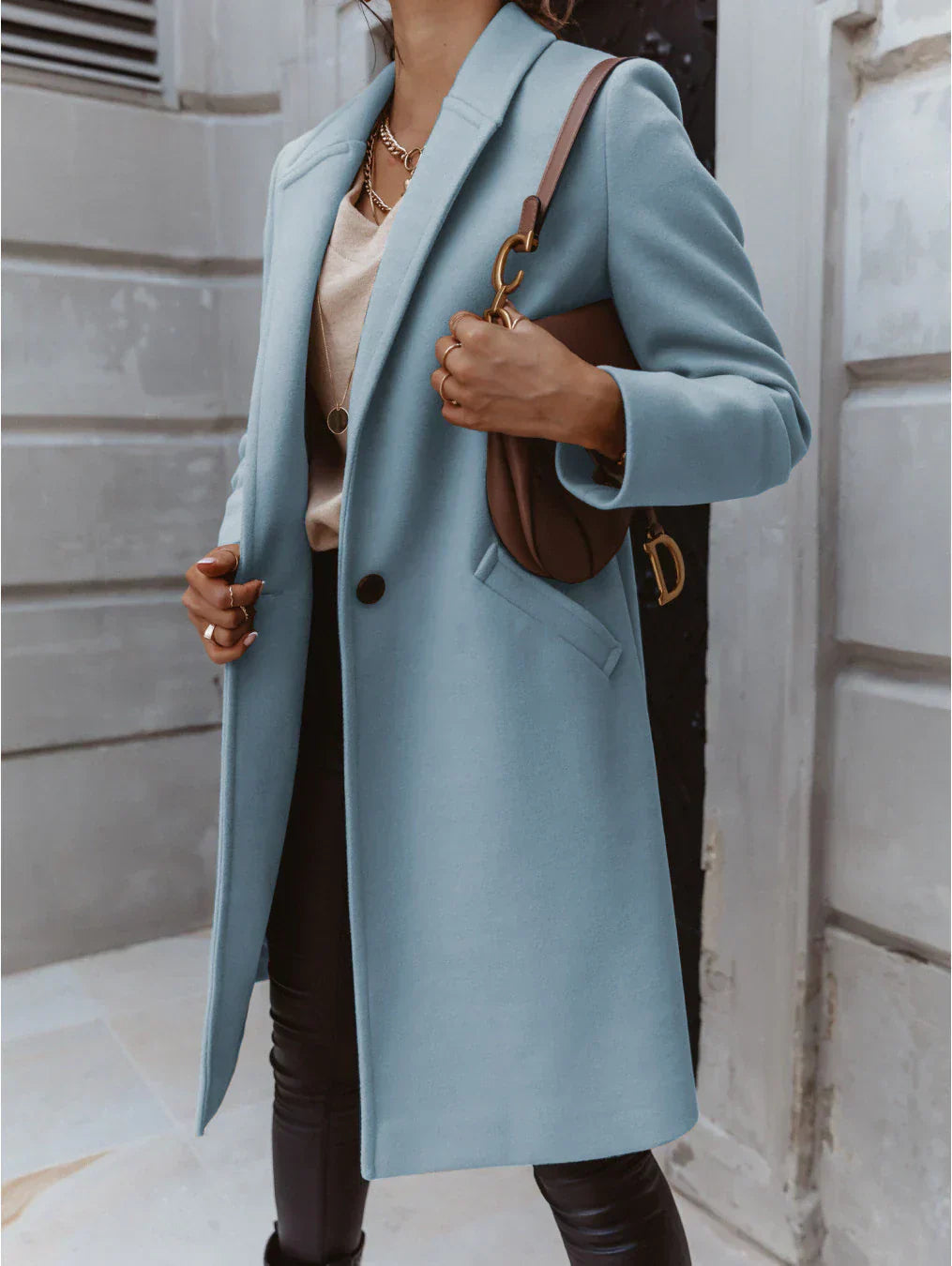 Women's double-breasted long coat structured tailored silhouette classic formal everyday elegance