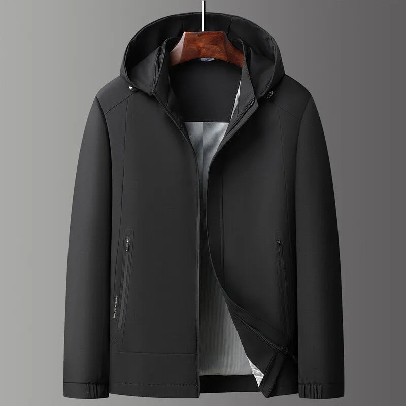 Men lightweight hybrid hooded jacket full zip weather-ready design with zippered side pockets