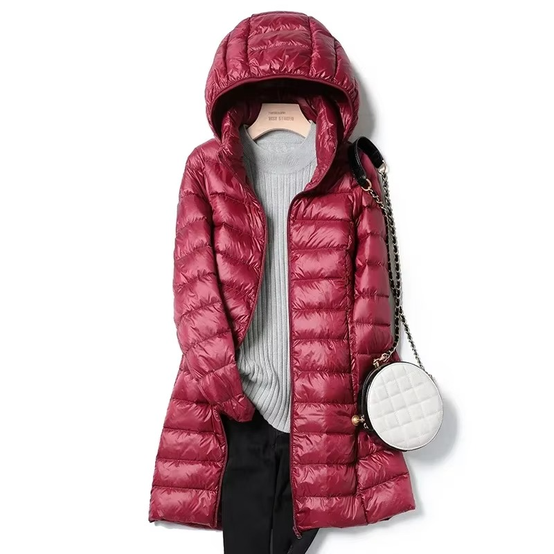 Women's slim-fit long hooded down parka lightweight insulated coat for cold weather
