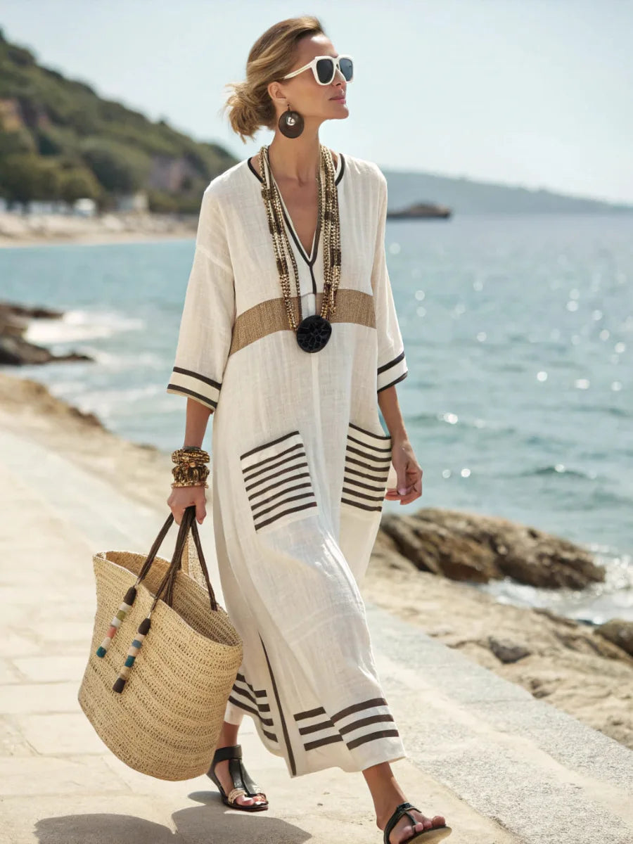 Women's striped v-neck maxi dress lightweight relaxed fit with pockets, vacation-ready summer style