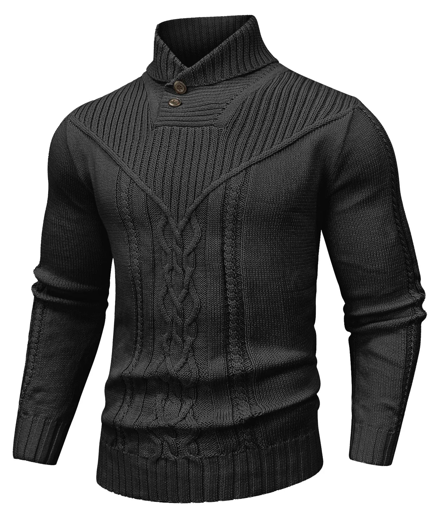 Cream cable knit unisex sweater with high-neck ribbed collar and decorative button closure