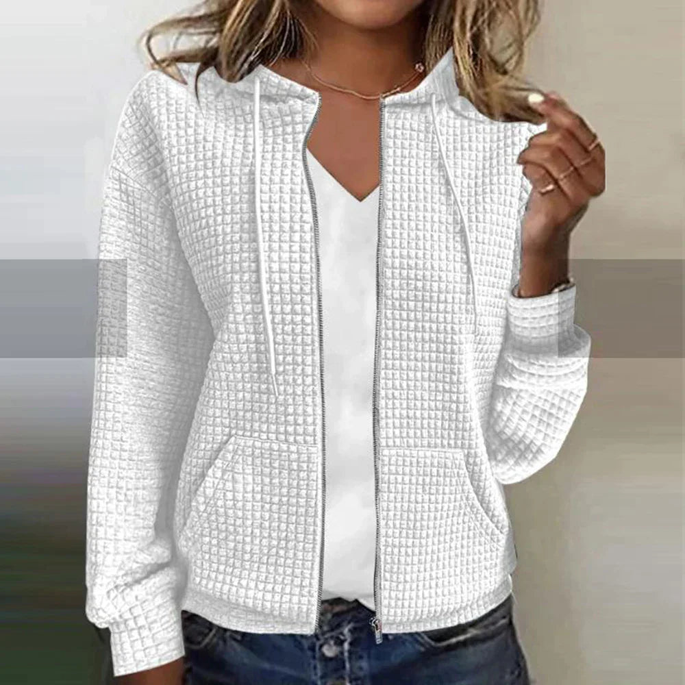 Women's lightweight zip-up hoodie jacket with drawstring hood, front pockets, casual everyday fit