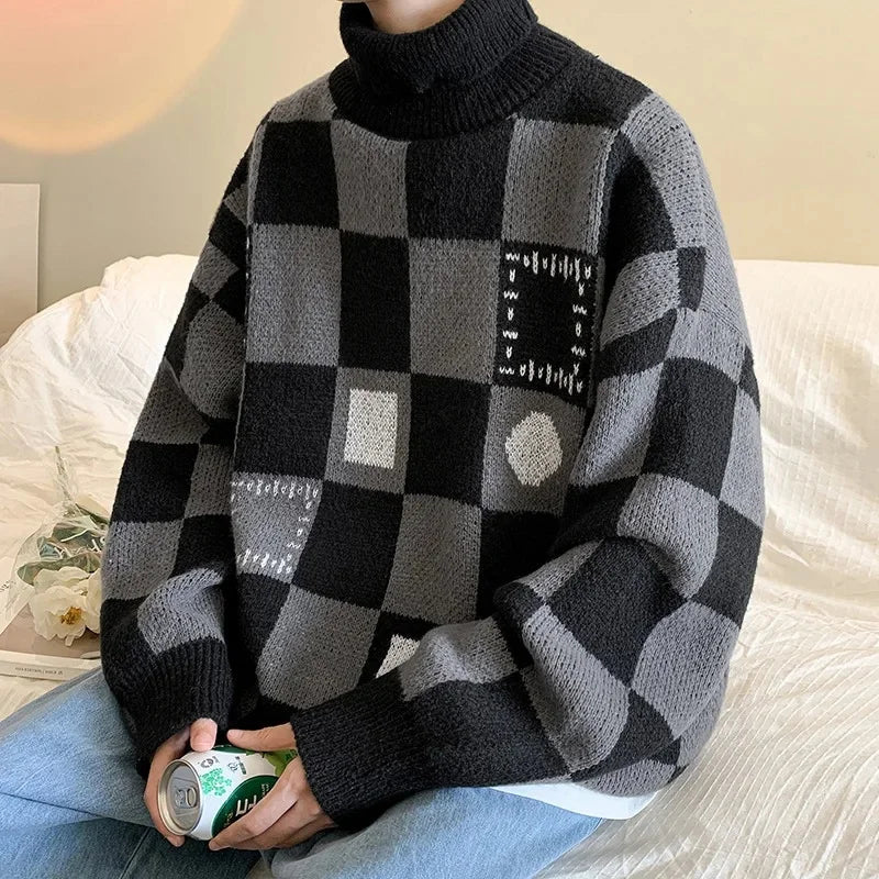 Checkered turtleneck knit sweater unisex geometric pattern tailored fit warm soft wool blend