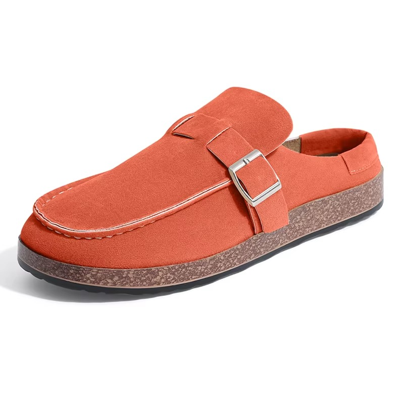 Women's brown suede clogs with adjustable metal buckle strap and cushioned insole for casual wear