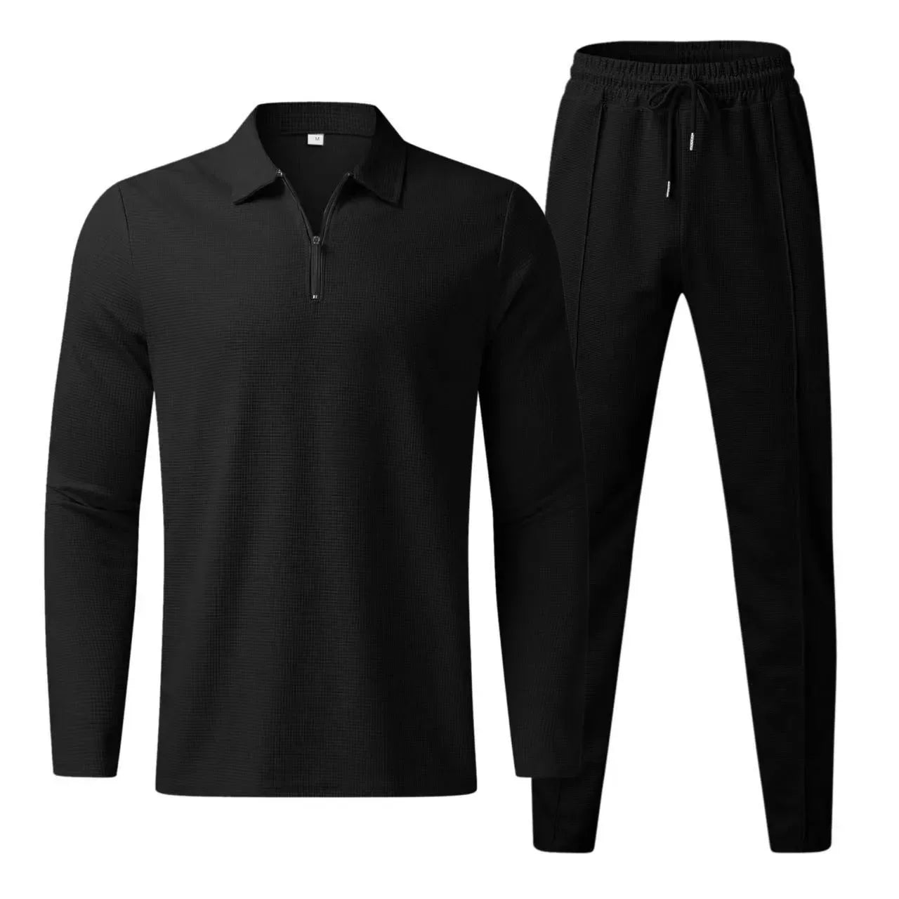 Men's waffle knit full-zip sport set with matching pants, breathable soft fabric casual active wear