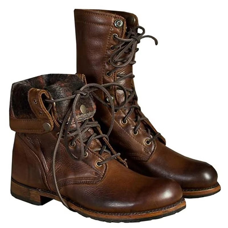 Men's black synthetic leather lace-up motorcycle ankle boots with rugged textured rubber outsole