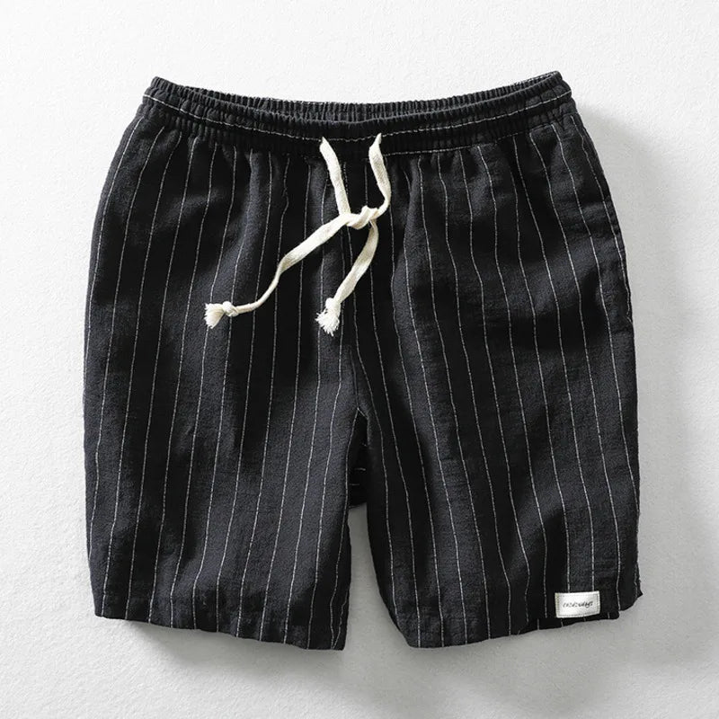 Men's beige cotton linen pinstripe shorts relaxed fit adjustable drawstring breathable summer casual
